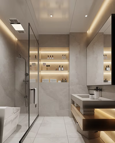 Modern Bathroom Interior Design With Shower Area Marble Walls Shelves With Toiletries And Vanity Mirror 3d model