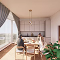 Cozy Restaurant Dining Space With Wooden Table Chairs White Cabinets Pendant Light And Herringbone Floor