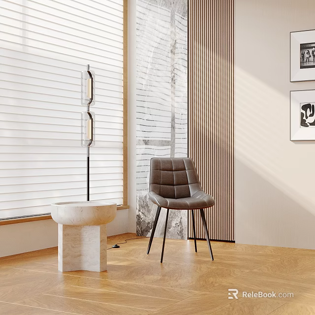 Modern Interior Design With Window Blinds Floor Lamp Stone Side Table And Gray Leather Chair 3d model 