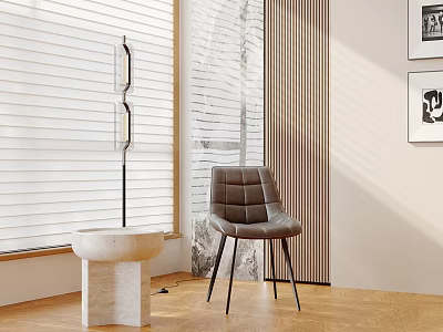 Modern Interior Design With Window Blinds Floor Lamp Stone Side Table And Gray Leather Chair 3d model