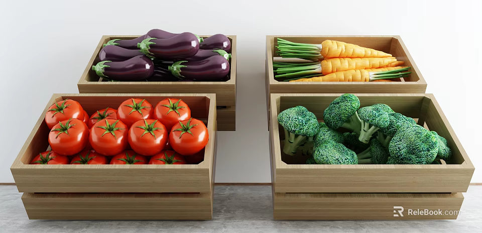 Vibrant Fresh Eggplants Carrots Tomatoes and Broccoli Arranged in Wooden Crates 3d model 