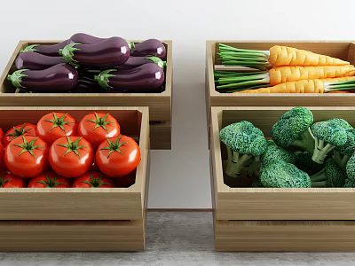 Vibrant Fresh Eggplants Carrots Tomatoes and Broccoli Arranged in Wooden Crates 3d model