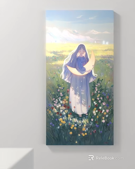 Long Haired Woman Holding Crescent Moon In Flower Field With Colorful Flowers And Sunlight 3d model 