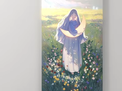 Long Haired Woman Holding Crescent Moon In Flower Field With Colorful Flowers And Sunlight 3d model
