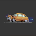 Cute Cartoon Style Yellow Car With Exposed Engine And Headlight Details On Display Platform