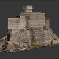 Ancient Stone Building Model on Rocky Terrain with Steps and Mossy Details