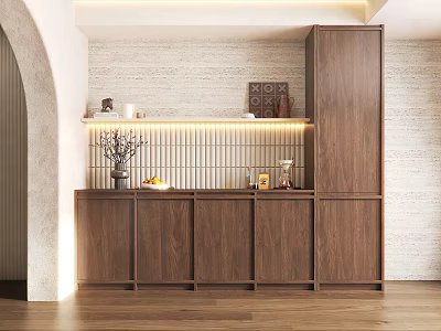 Modern Walnut Sideboard With LED Lighting And Decorative Items In Dining Room Interior 3d model