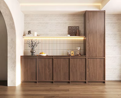 Modern Walnut Sideboard With LED Lighting And Decorative Items In Dining Room Interior 3d model