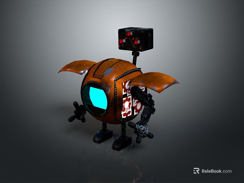 Orange Spherical Robot Game Movie Character with Blue Screen Face Mechanical Arms Wing Structures 3d model 