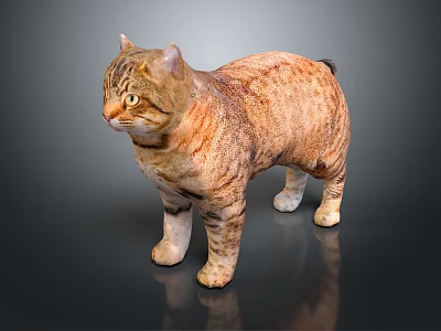 Orange and Brown Striped Cat with Short Fur Standing on Dark Reflective Surface 3d model