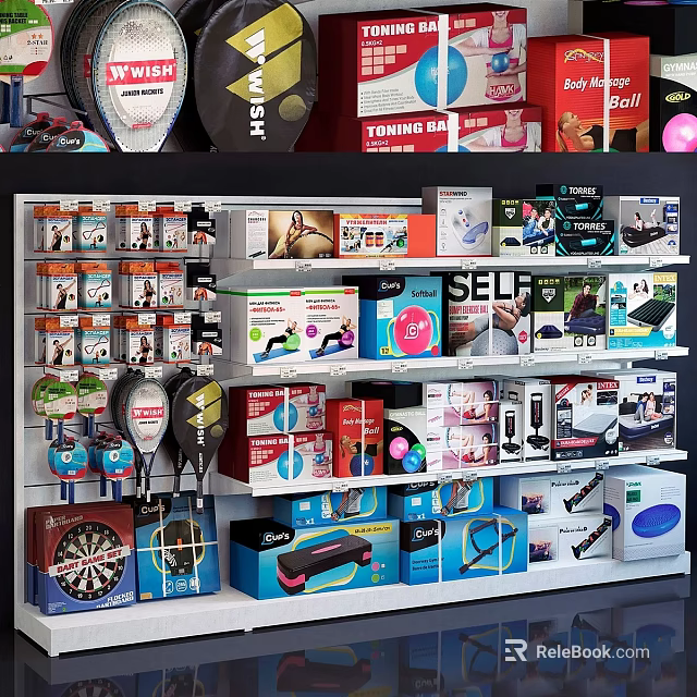Diverse Commercial Equipment Display On Retail Shelf With Fitness Tools And Gadgets 3d model 