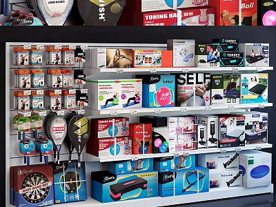 Diverse Commercial Equipment Display On Retail Shelf With Fitness Tools And Gadgets 3d model