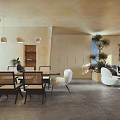 Modern Living Dining Room Interior With Hanging Chandelier Sofa Coffee Table And Outdoor Cactus View