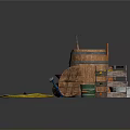 Industrial Equipment Set Including Wooden Barrel Wheelbarrow Tools Hose Gas Cylinder And Fruit Basket