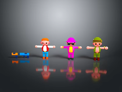 Three Cartoon Characters In Colorful Outfits With Blue Toy Car On Gray Reflective Surface 3d model