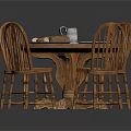 Classic Wooden Dining Table With Four Chairs And Tableware On Top 3d model