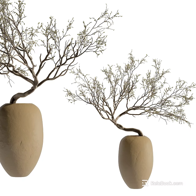 Natural Decorative Branches In Handcrafted Clay Vases For Home Interior 3d model 
