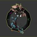 Decorative Bonsai Scene With Blue Branches Pink Cherry Blossom Red Lanterns And Green Grass