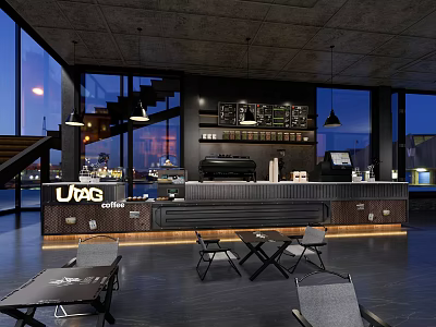 Modern Industrial Style Cafe Interior With Large Windows Bar Counter And Tables Chairs 3d model