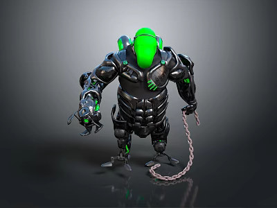 Mechanical Creature Character With Green Head Black Armor Glowing Accents And Chain 3d model