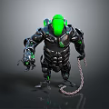 Mechanical Creature Character With Green Head Black Armor Glowing Accents And Chain