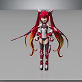 Anime Style Female Character with Red Hair Orange Gradient Horns Red White Battle Outfit Sword