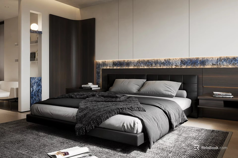 Modern Bedroom Interior Design With Bed Gray Quilt Black Headboard Nightstands Blue Wall And Rug 3d model 