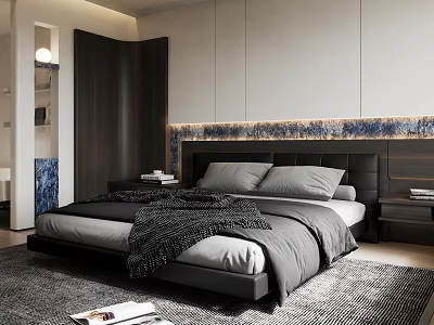 Modern Bedroom Interior Design With Bed Gray Quilt Black Headboard Nightstands Blue Wall And Rug 3d model