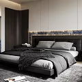 Modern Bedroom Interior Design With Bed Gray Quilt Black Headboard Nightstands Blue Wall And Rug