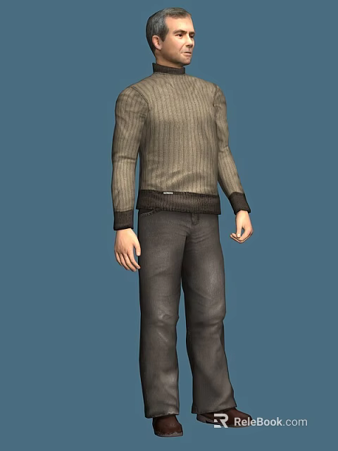 Man In Striped Sweater And Dark Pants Standing Against Blue Background 3d model 