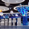 Space Theme Scene With Blue Silver Tower Structures Stars UFO Astronaut And Starry Background