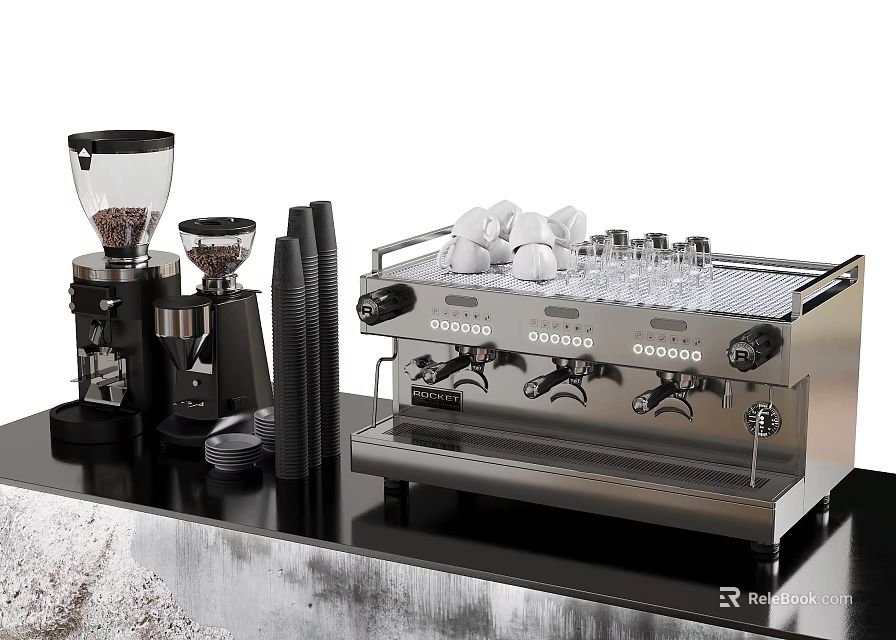 Professional Cafe Counter Setup With Espresso Machine Coffee Grinder Cups And Straws 3d model 