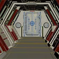 Cartoon Scene of Spaceship Interior Corridor with Red and White Design and Circular Windows