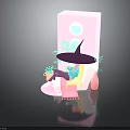 Witch Hat Girl On Pink Chair With Pink Box Moon Plant Pattern And Green Plants