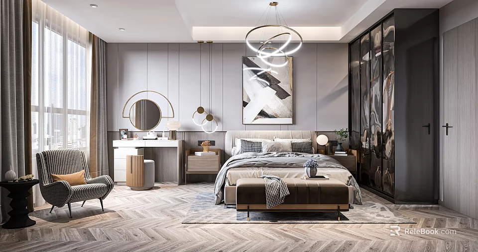 Modern Bedroom Interior With King Bed Nightstand Chandelier Artwork And Area Rug 3d model 