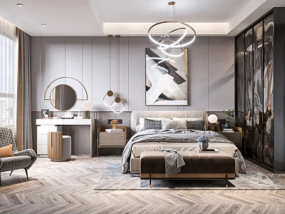 Modern Bedroom Interior With King Bed Nightstand Chandelier Artwork And Area Rug 3d model