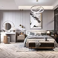 Modern Bedroom Interior With King Bed Nightstand Chandelier Artwork And Area Rug