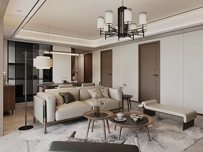 Modern Living Dining Room Interior Design With Neutral Tones Sofa Coffee Table And Chandelier 3d model