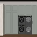 Laundry Room Interior With Gray Cabinets And Stacked Washing Machines