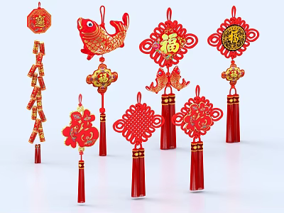 Chinese Traditional Red Ornament Set With Fu Character Fish Chinese Knot And Firecracker 3d model