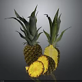 Fresh Whole Pineapple with Green Leaves and Sliced Yellow Flesh Displayed on Dark Background