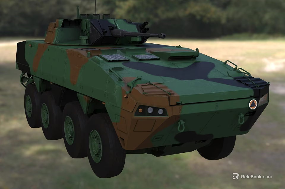 Military Wheeled Armored Tank Featuring Green Brown Camouflage In Grassland Woodland 3d model 