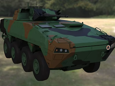 Military Wheeled Armored Tank Featuring Green Brown Camouflage In Grassland Woodland 3d model