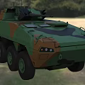 Military Wheeled Armored Tank Featuring Green Brown Camouflage In Grassland Woodland