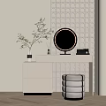 Modern Minimalist Dressing Table With Round Backlit Mirror Green Plant And Fabric Stool