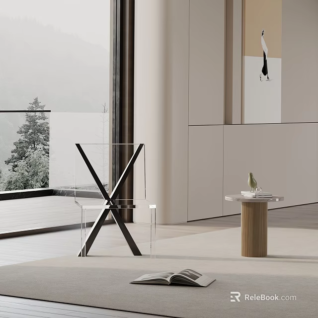 Modern Transparent Acrylic Dining Chair With Black Metal Frame And Wooden Side Table 3d model 