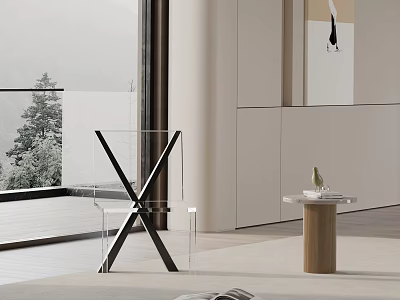Modern Transparent Acrylic Dining Chair With Black Metal Frame And Wooden Side Table 3d model