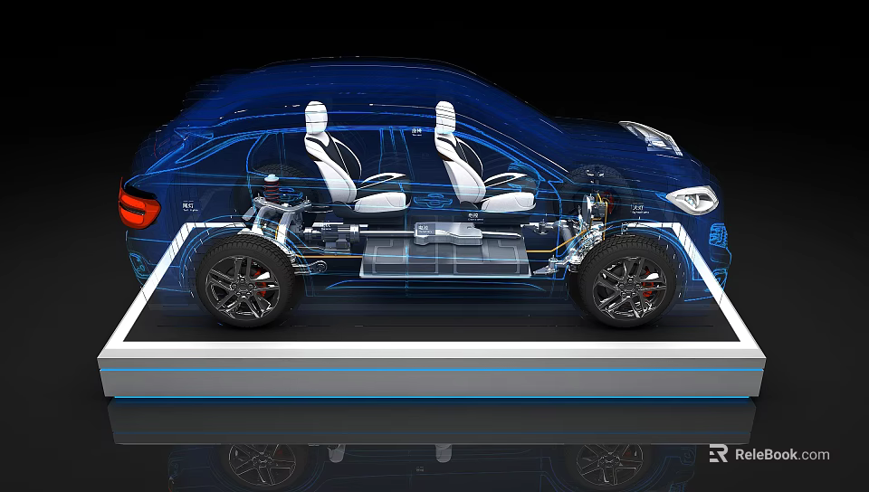 Detailed Blue Electric Vehicle Cutaway View Displaying Internal Structure And Parts 3d model 