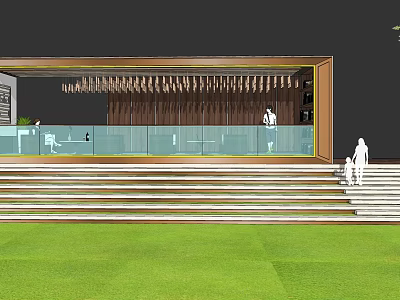 Building Entrance Area With Glass Railings Steps Lawn Wooden Chandeliers And People 3d model