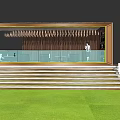 Building Entrance Area With Glass Railings Steps Lawn Wooden Chandeliers And People